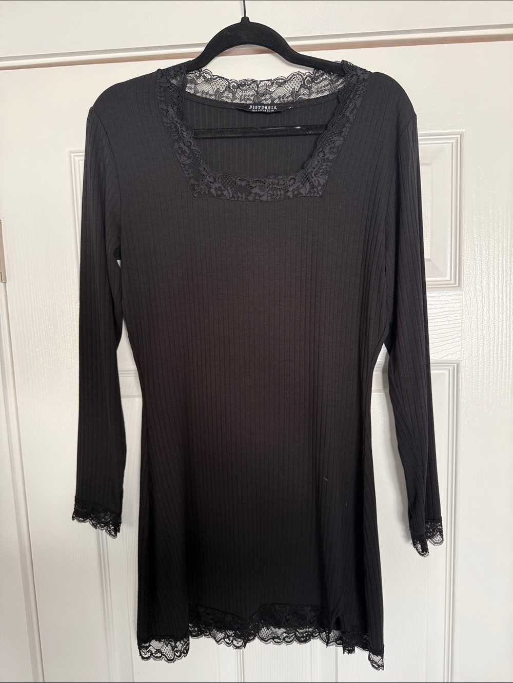 Disturbia Black Ribbed Long Sleeve Top with Lace Trim